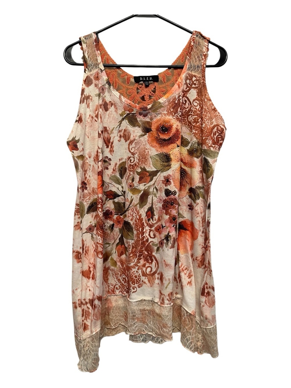 B.L.E.U. Floral & Sequin Lace-Trim Tank Top - Peach & Green Size Medium